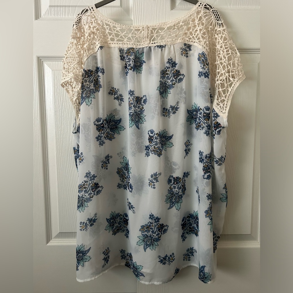 Lane Bryant White Blouse with Blue Floral Print and Crochet Yoke - Picture 4 of 5